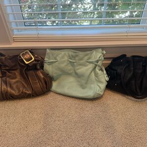 Cole Haan Black and Brown Shoulder Bags with Ruched Detailing